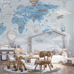 Carta da parati murale con mappa del mondo per bambini, arte murale educativa con animali per asili nido o sale giochi, decorazione da parati rimovibile con avventure vintage