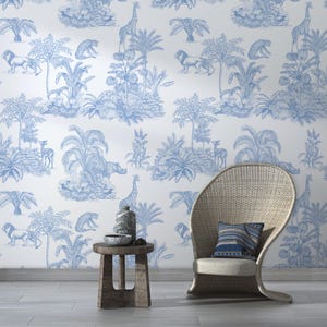 Blue Safari Toile Wallpaper: Hand-Drawn Jungle Animal Wall Mural