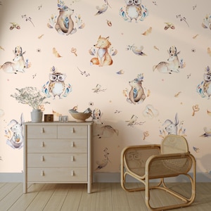 Woodland Animal Wallpaper, Cute Forest Nursery Wall Decor, Boho Kids Room Wall Mural, Beige Watercolor Bear Fox Deer Owl Wallpaper Roll