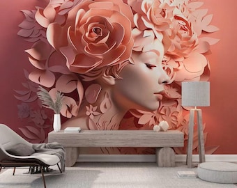 Floral Woman 3D Wallpaper Mural, Dark Pink Home Decor