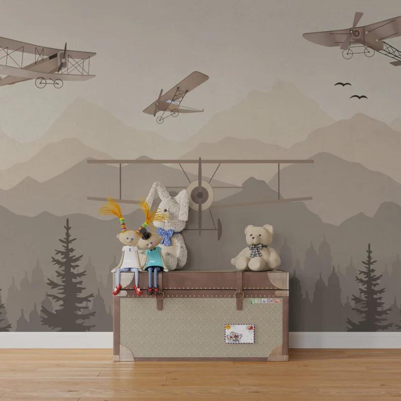 Vintage Airplane Nursery Wallpaper for Boys Room, Neutral Adventure ...