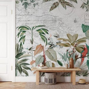 Vintage Tropisches botanisches Wandbild mit exotischen Vögeln und Kartendesign, elegante Dschungel-Laub-Tapete für Wohnzimmer oder Arbeitszimmer