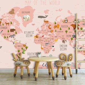 Rosa Weltkarte Tapete für Kinderzimmer, niedliches Tier Wandbild, Niedliche Tapete für Kinderzimmer, Geographie Lernwandkunst