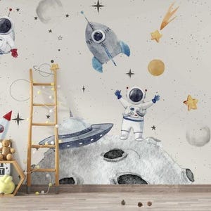 Kids Space Wallpaper for Nursery Room, Astronaut Wall Mural, Cartoon Rocket and Planet Wallpaper, Cute Space Wall Art for Baby Room