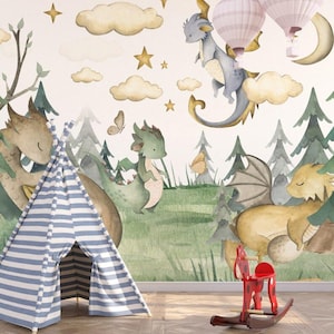 Carta da parati per bambini con drago carino, carta da parati murale con foresta fantasy per la cameretta dei bambini, carta da parati con bosco magico per la sala giochi di ragazzi e ragazze
