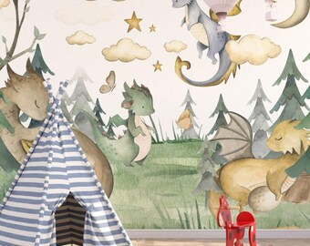 Baby Dragon Nursery Wallpaper: Fantasy Woodland Kids Room Mural