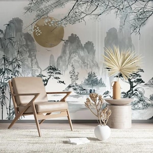 Dark Forest Wallpaper - Mountains and Trees Asian Wallpaper - Watercolor Wallpaper - Removable Forest Mural