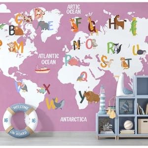 Rosa Alphabet Weltkarte Tapete für Kinder, Tierbuchstaben Wandbild, Niedliche ABC Karte Kinderzimmer Tapete, Klassenzimmer Dekor