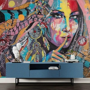 Colorful Indian Woman Graffiti Art Wallpaper