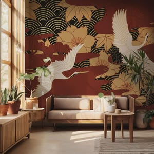 Japanese Crane Wallpaper Mural: Oriental Gold Bird Seigaiha Art