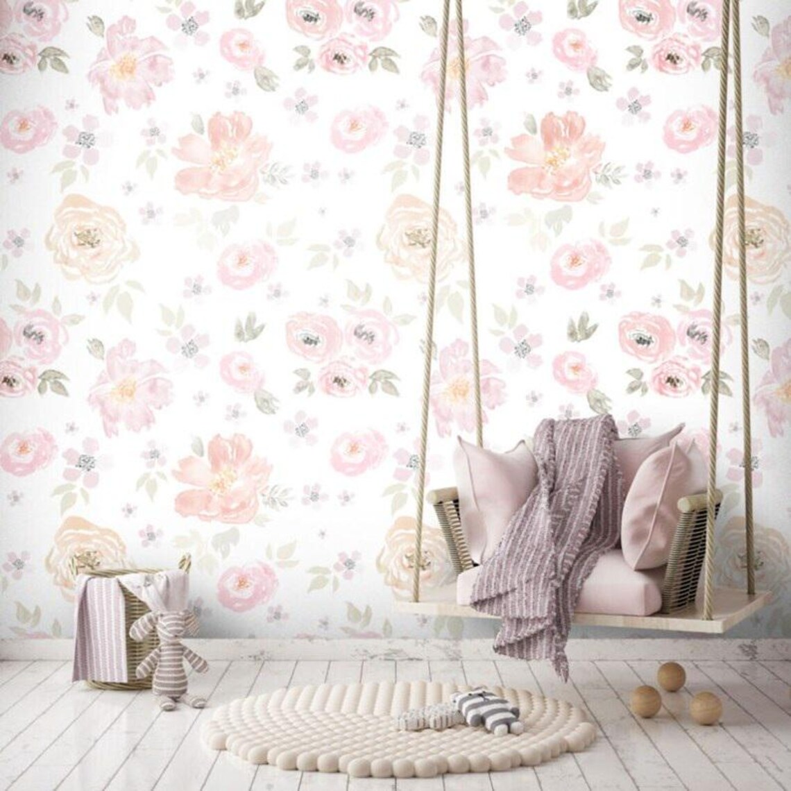 Soft Florals Wallpaper: Colorful Nursery Wall Mural - Etsy
