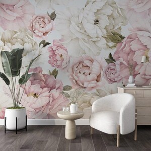 Watercolor Floral Mural: Pink & White Flower Design Wallpaper - Etsy