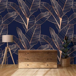 Botanical Wallpaper [Peel and Stick (self adhesive), Bronze Leaf Detailed Wallpaper, Navy Blue Wallpaper, Living Room Murals, Bedroom Mural