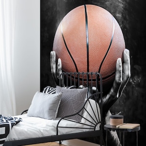 Carta da parati murale a tema basket, carta da parati a tema Slam Dunk per la stanza dei ragazzi o la sala giochi, decorazione murale sportiva con mani che tengono un primo piano di basket