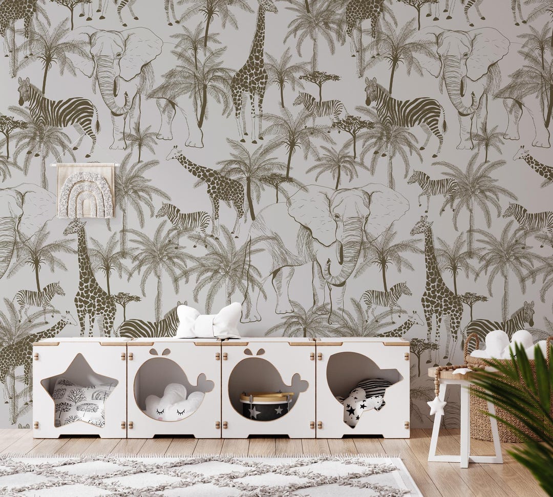 Safari Nursery Wallpaper: Jungle Animal Wall Mural, Neutral Decor - Etsy