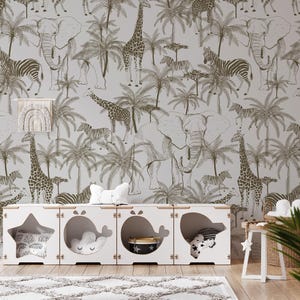 Safari Nursery Wallpaper: Jungle Animal Wall Mural, Neutral Decor