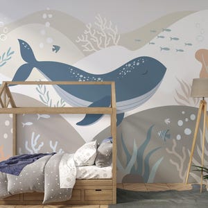 Whale Nursery Wallpaper, Ocean Themed Wall Mural for Baby Room, Underwater Sea Life Kids Room Decor, Cute Marine Animal Wall Art