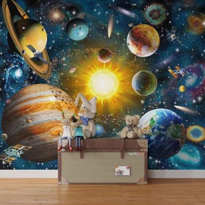Carta da parati Galaxy Space per la cameretta dei bambini, murale del sistema solare con pianeti e stelle, carta da parati colorata dell'universo per la camera dei ragazzi