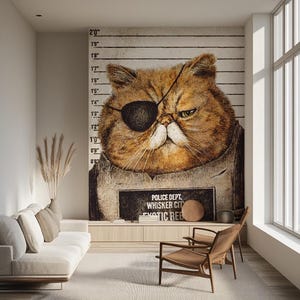 Fotomurale con foto segnaletica di un gatto divertente, carta da parati con gatto pirata per il soggiorno, decorazione con linea della polizia di Whisker City, poster con animali umoristici