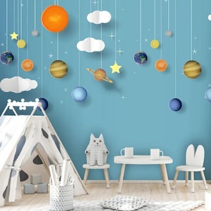 Carta da parati per bambini con sistema solare, murale per cameretta dei bambini con pianeti, carta da parati con tema spaziale per la cameretta dei bambini, decorazione da parete educativa con galassia