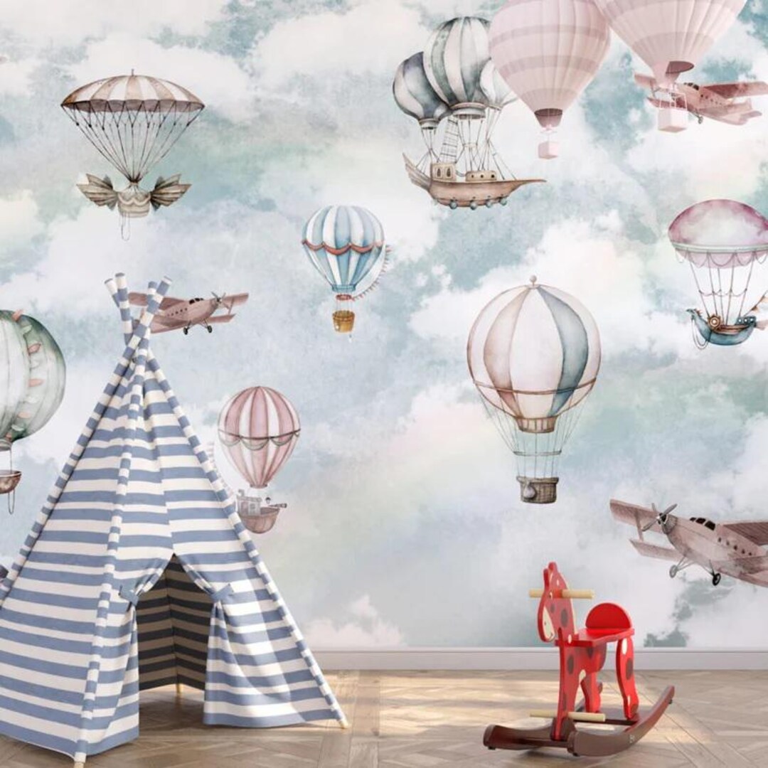 Hot Air Balloons Nursery Wallpaper: Peel and Stick Wall Mural - Etsy