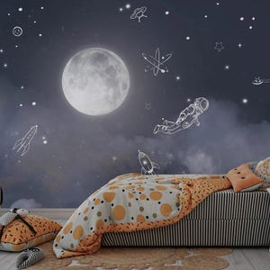 Carta da parati Moon Space per la cameretta dei bambini, murale con astronauta e galassia, arte murale con cielo stellato, carta da parati da staccare e attaccare con tema razzo per cameretta dei bambini da sogno