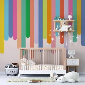 Carta da parati a strisce arcobaleno per bambini, murale a strisce colorate, murale per bambini, carta da parati colorata, murale arcobaleno per la cameretta dei bambini, stacca e attacca