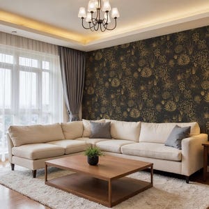Carta da parati botanica di lusso, murale da parete nero e oro, carta da parati stacca e attacca, arredamento glamour moderno, carta da parati elegante per il soggiorno