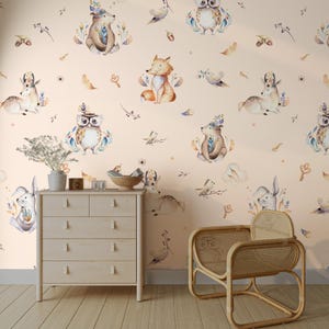 Whimsical Woodland Animals Nursery Wallpaper Mural for Baby Room – Cute Forest Bear Fox Owl Deer Pattern Wall Decor for Kids Nursery