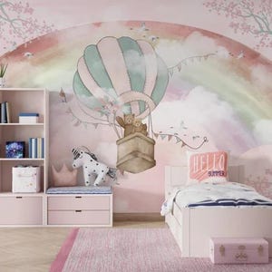 Pink Rainbow Hot Air Balloon Nursery Wallpaper, Baby Girl Room Wall Mural, Soft Pastel Kids Room Decor with Clouds and Teddy Bear