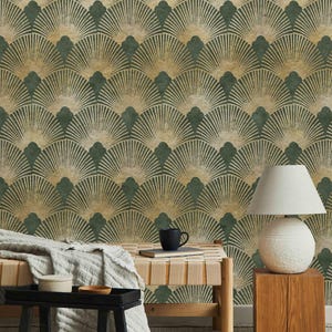 Art Deco Wallpaper: Gold & Green Fan Pattern, Removable Wall Mural