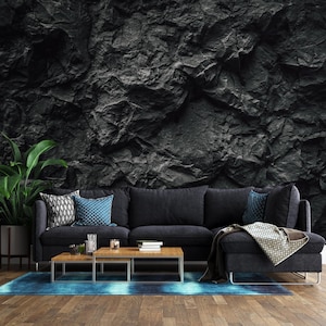 Carta da parati con texture in pietra stropicciata 3D, murale realistico in roccia scura, rivestimento murale in stile industriale moderno per l'arredamento degli interni della casa