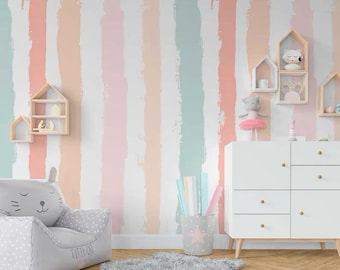 Pastell gestreifte Kinderzimmer Tapete: Modernes Aquarell Wandbild