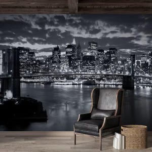 Brooklyn Bridge und Nachtlandschaft Tapete, New York Nachtlandschaft Tapete, Stadtbild Tapete Wohnkultur Schälen und Aufkleben Wandbild