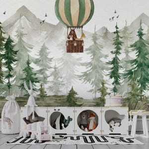 Mountain Forest Nursery Wallpaper, Hot Air Balloon Wall Mural with Woodland Animals, Nature Theme Kids Room Decor Wallpaper