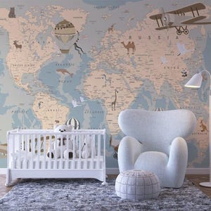 Papier peint carte du monde pour chambre d'enfant, carte murale éducative animalière pour chambre d'enfant, décoration murale Safari mignonne, idée de papier peint chambre de bébé aventure
