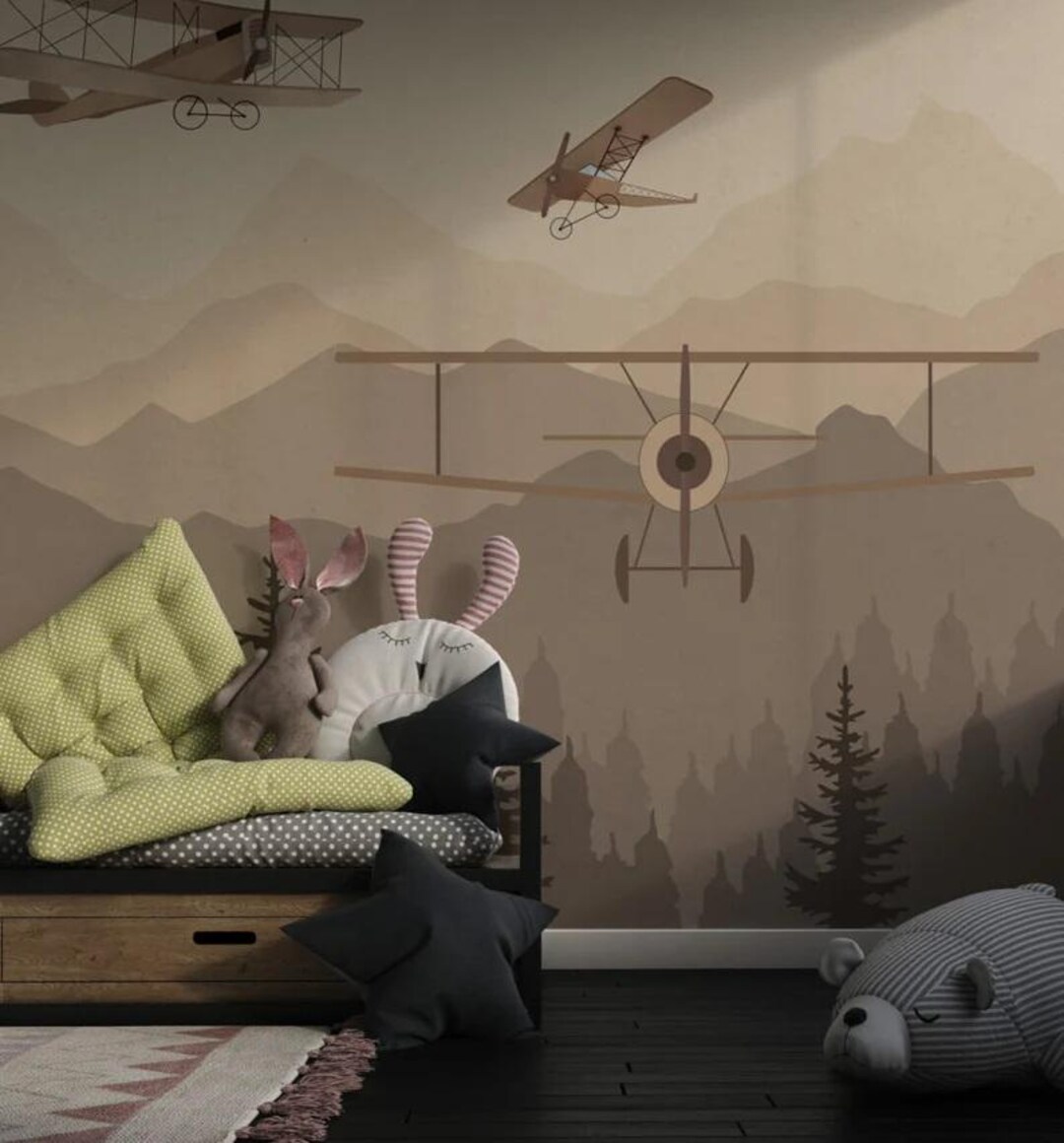 Vintage Airplane Nursery Wallpaper for Boys Room, Neutral Adventure ...