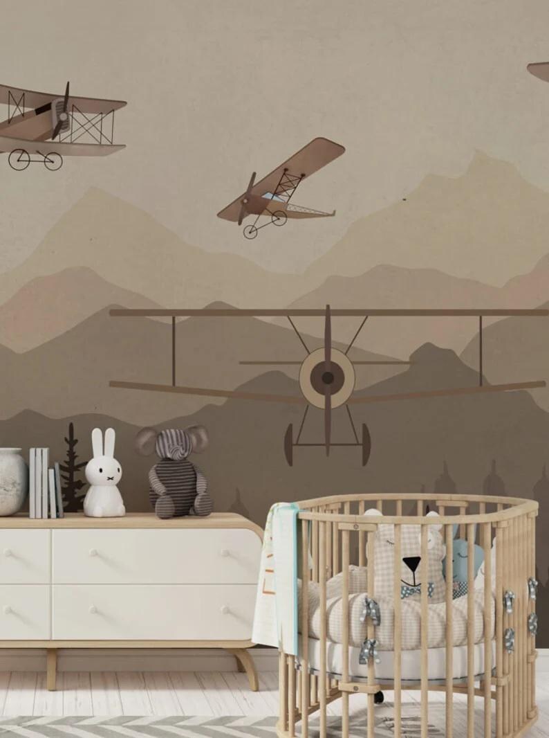 Vintage Airplane Nursery Wallpaper for Boys Room, Neutral Adventure ...