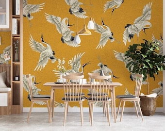 Crane Bird Wallpaper: Yellow Vintage Stork Wall Mural (Peel and Stick)