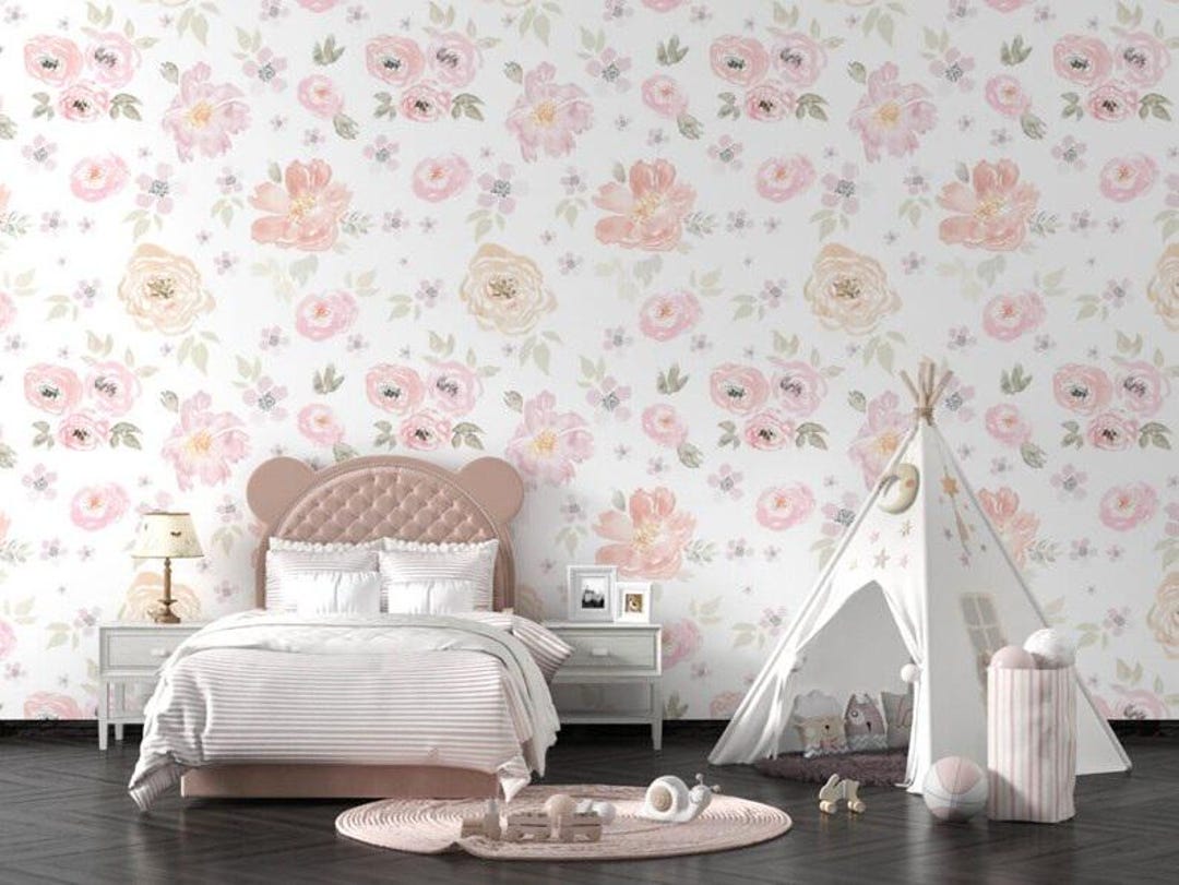 Soft Florals Wallpaper: Colorful Nursery Wall Mural - Etsy