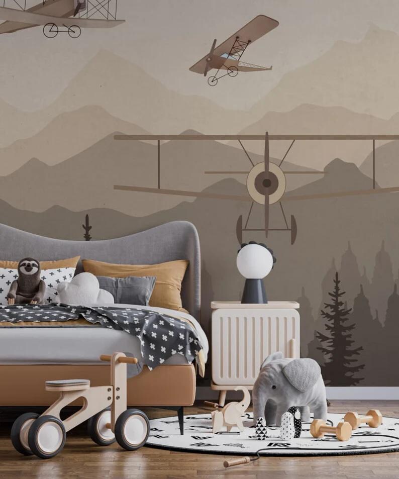 Vintage Airplane Nursery Wallpaper for Boys Room, Neutral Adventure ...