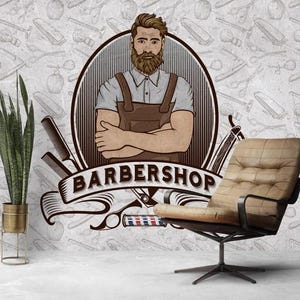 Vintage Barbershop Wallpaper: Men&#39;s Hair Salon Decor, Tools Print