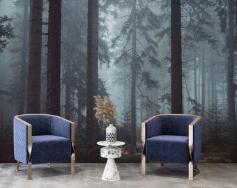 Misty Pine Forest Wallpaper Mural: Moody Mountain Landscape Wall Art