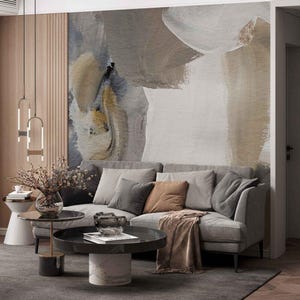 Carta da parati con pennellate astratte neutre, murale minimalista moderno, carta da parati rimovibile con texture artistica beige grigia nera per camera da letto