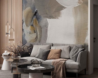 Papel de parede com pinceladas abstratas neutras: mural de parede texturizado moderno