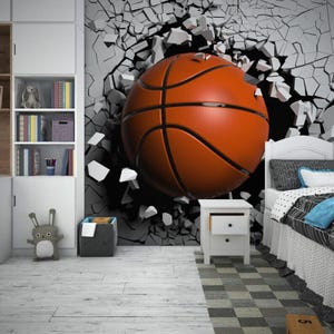 Carta da parati con palla da basket, poster da parete sportivo in 3D, carta da parati estetica adesiva con palla da basket, carta da parati per camerette, carta da parati per camerette per adolescenti