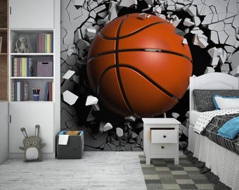 Mural de pared de baloncesto 3D: papel pintado deportivo adhesivo para habitación infantil