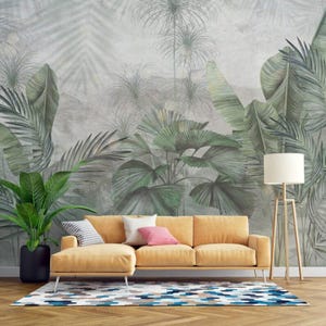 Carta da parati murale con foglie tropicali, palme e banani, arte murale botanica per un soggiorno moderno, una camera da letto o un ufficio.