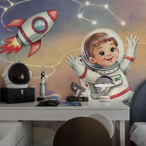 Carta da parati per bambini con tema astronauta, murale con razzo spaziale per la cameretta del bambino, simpatica decorazione murale per bambini con alieni per la camera dei bambini piccoli o maschietti