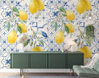 tile wallpaper-lemon floral wallpaper-kitchen decoration-blue tiled wall-lemon tree themed wallpaper